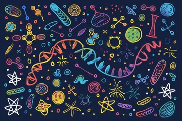 Naklejka premium Cartoon cute doodles of DNA strands and molecular structures, illustrating the building blocks of life in a playful manner, Generative AI
