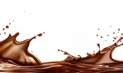 Zelfklevend Fotobehang A splash of chocolatey brown liquid on a white background © CuratedAIMasterpiece