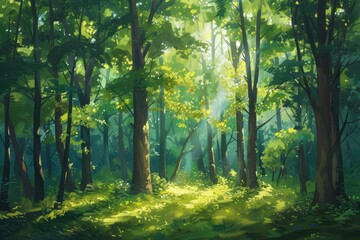 Fototapeta na wymiar an oil painting of a forest with trees and sunlight, in the style of realistic fantasy artwork