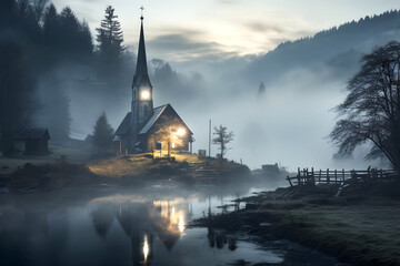 light in the windows of the Catholic Church against the backdrop of evening fog in the mountains....