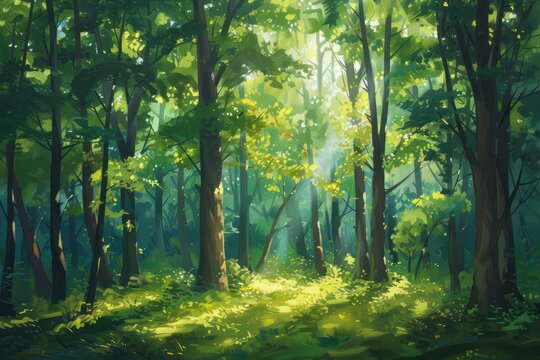 an oil painting of a forest with trees and sunlight, in the style of realistic fantasy artwork