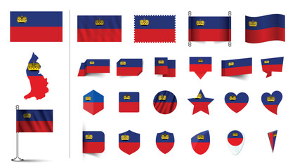 set of Liechtenstein flag, flat Icon set vector illustration. collection of national symbols on various objects and state signs. flag button, waving, 3d rendering symbols, and flag on map symbols