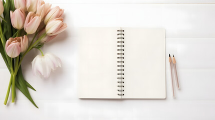 Top of view notebook, pencil and flowers on white background with empty space for text