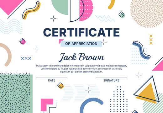 Abstract geometric Memphis certificate of appreciation template, modern background. Vector vibrant diploma, featuring bold, shapes, playful patterns, and bright colors, exuding energy and creativity