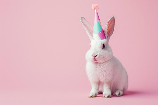A cute easter bunny rabbit wearing a fun celebration party hat