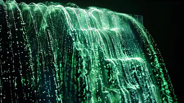 Glowing green digital data cascades like a waterfall against a black background. Countless bright particles form the flowing stream. 