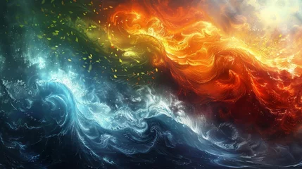 Fotobehang An artists depiction of the four elements coming together with fiery spirals flowing water swirling leaves and solid rocks all blending into one another representing the ultimate © Justlight