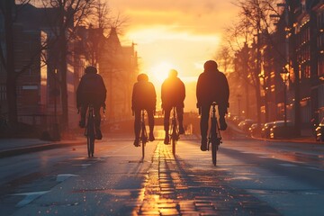 Cyclists Embracing Dawn: Freedom on Cityscapes' Open Roads - obrazy, fototapety, plakaty