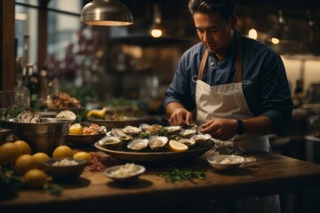 Seafood chef preparing oyster seafood in restaurant kitchen, delicious restaurant food menu