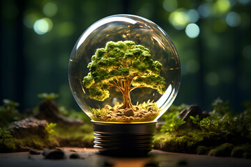 closed ecosystem in a vessel in the form of a lamp against the backdrop of nature. ecology and conservation of flora. green natural area. - obrazy, fototapety, plakaty