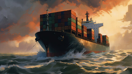 cargo ship at sunset - obrazy, fototapety, plakaty