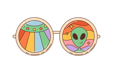 Groovy retro cartoon eyewear sunglasses with rainbow in 70s hippie art, vector symbol. Groovy summer sunglasses with funky funny alien and psychedelic UFO saucer in 60s or 80s hippie or hipster style