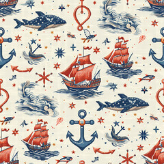 A seamless pattern featuring cross stitch embroidery with ships, anchors, and nautical stars, perfect for fabric design.