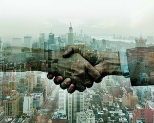 A conceptual image of a handshake superimposed over a cityscape, representing business partnerships and deals, - obrazy, fototapety, plakaty