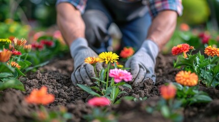 Close up of Gardener Planting Flowers in Garden