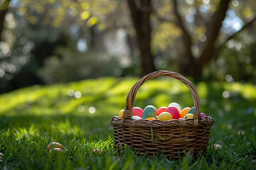 Easter egg hunt basket in spring garden with blooming flowers