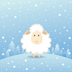 Cute sheep standing in a winter forest. Vector illustration