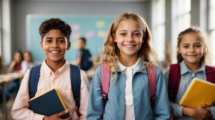 Portrait of cheerful smiling diverse schoolchildren standing posing in classroom looking at camera happy after school reopens. Diversity back to school concept
