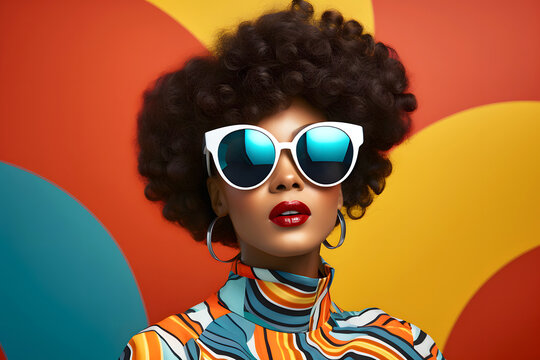 glamorous woman in sunglasses in colored clothes on a colored background