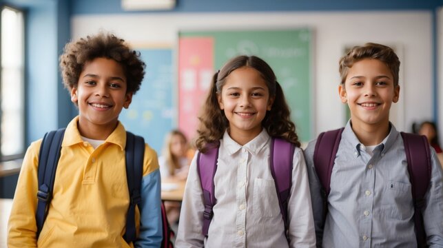 Portrait of cheerful smiling diverse schoolchildren standing posing in classroom looking at camera happy after school reopens. Diversity back to school concept