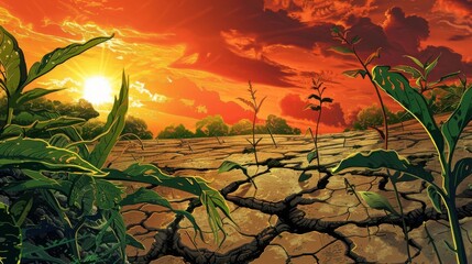 An illustration of a cracked earth and dying crops a result of the dual effects of heatwaves and deforestation on the disruption of natural ecosystems and food production.