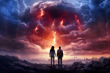 man and woman standing together and looking at dramatic colored clouds with lightning