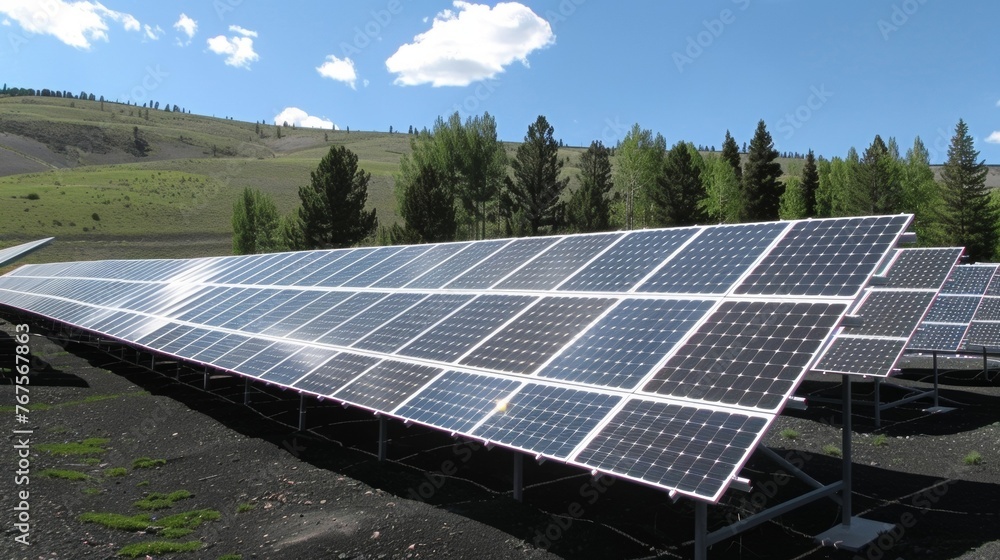 Poster a group of solar panels arranged in an open field with trees in the background harnessing the power 