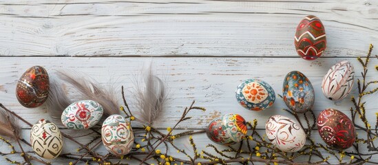 Pysanky, Easter eggs decorated with designs, alongside pussy willow branches and feathers, set against a white wooden backdrop in a wide format photograph taken from above with empty space for text. - obrazy, fototapety, plakaty