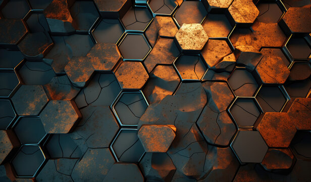 Abstract metallic corrosion texture hexagon pattern with glowing orange red flame on black grey background technology style. Modern futuristic honeycomb concept.	
