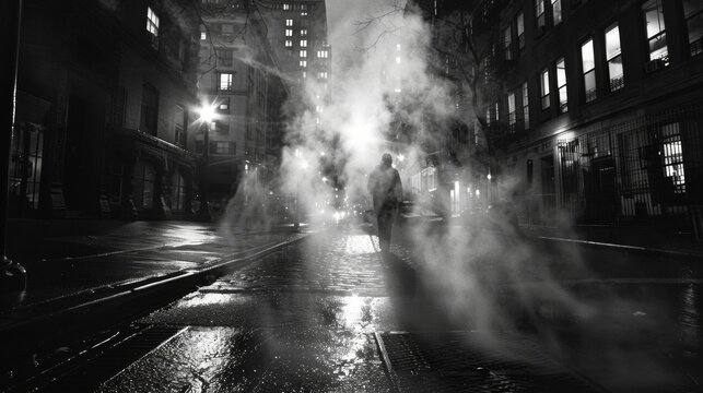 As night falls the city becomes a stark contrast of light and dark. Streetlights cast long shadows on the pavement while the steam rising from sewer grates adds a sense of
