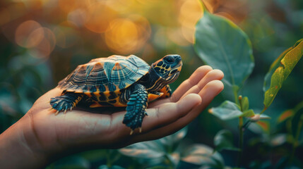 A person's hand cradles a tiny tortoise, showcasing the intricate patterns on its shell against a...