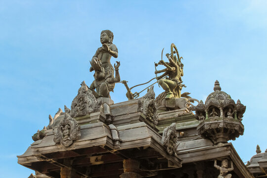 Wooden sculptures. The Temple of Truth. The city of Pattaya. Thailand.