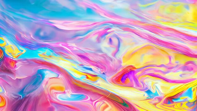 Iridescent rainbow hues reflected on the water surface create flowing patterns. Vivid shades of pink, blue, yellow and more swirl in mesmerizing beauty. 