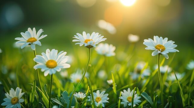 Beautiful Daisy Flowers in Green Grass with Shallow Depth of Field - Nature's Delight