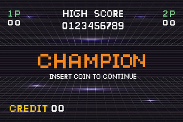 Pixel art 8-bit champion text on black background