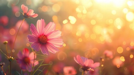 Fototapeta na wymiar Vibrant Cosmos Flower in Field - Toned Instagram Filtered Nature Background