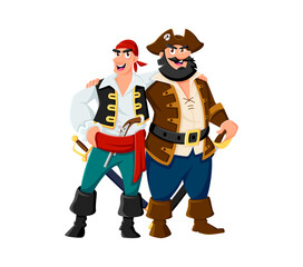 Cartoon sailors and skippers pirate characters, boatswain and captain corsair or filibuster. Vector swashbuckling friends stand side by side, hugging and smiling, ready for danger high-sea adventures