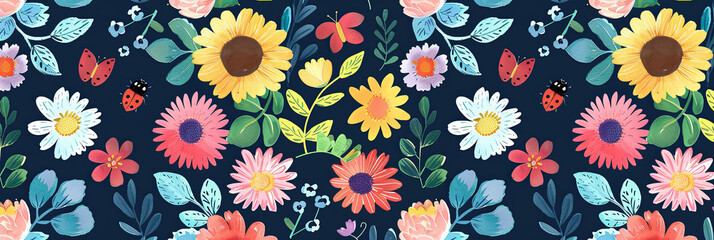 cute cartoon flowers and leaves pattern, generative AI