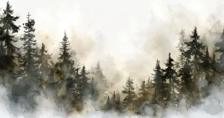 Papier Peint photo Lavable Forêt dans le brouillard Mist Enshrouded Forest Art 