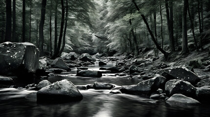 Monochromatic Stillness: Slyvan Serenity of Flowing Stream Through the Dense Forest Canopy