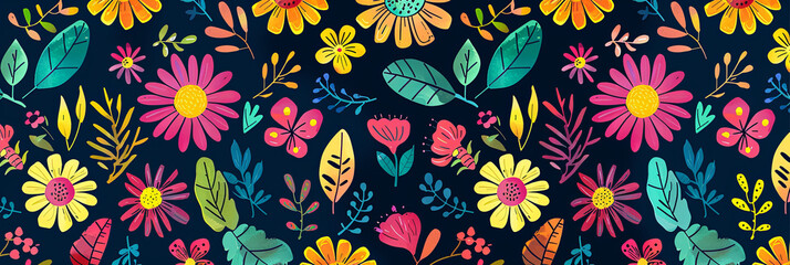 cute cartoon flowers and leaves pattern, generative AI