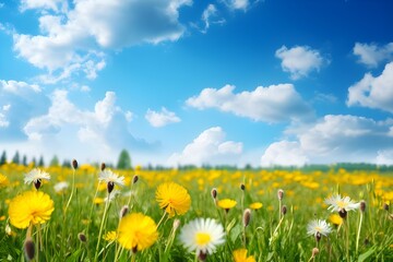 Obraz premium Lush Grass and Yellow Dandelions in Nature's Embrace - Perfect Summer Day