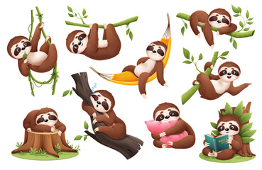 Cartoon cute lazy sloth animal characters sleeping, hanging and climbing on tree branches and rainforest lianas. Vector personages set of happy sloth animals eating, reading book, swinging on hammock © Buch&Bee