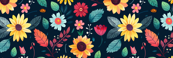 cute cartoon flowers and leaves pattern, generative AI