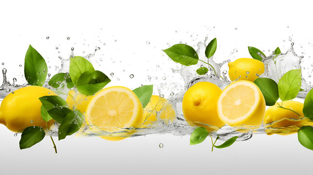 Juicy ripe flying yellow lemons green leaves on white background
