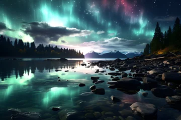 Poster northern lights aurora against the backdrop of a night landscape over the lake © photosaint