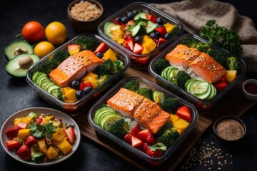 Meal teriyaki salmon with fresh fruit and vegetables. Fitness food, top view