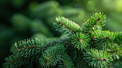 Fototapeta na wymiar Fluffy Christmas Fir Tree Brunch on Textured Green Spruce Background - Close Up Shot