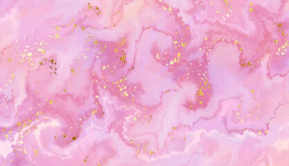 Pink agate stone painting background design with smooth waves and gold glitter.