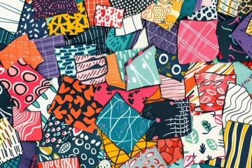 Cartoon cute doodles of colorful fabric swatches and patterns, inspiring creativity and design in the tailor's studio, Generative AI